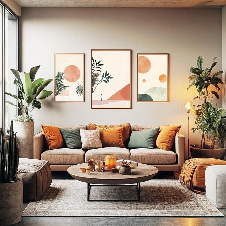 a living room filled with lots of furniture and plants in front of two paintings on the wall