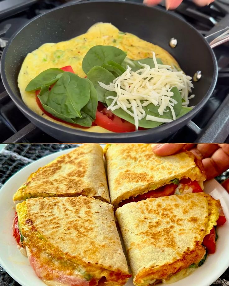 two panini sandwiches cut in half on a plate next to a frying pan