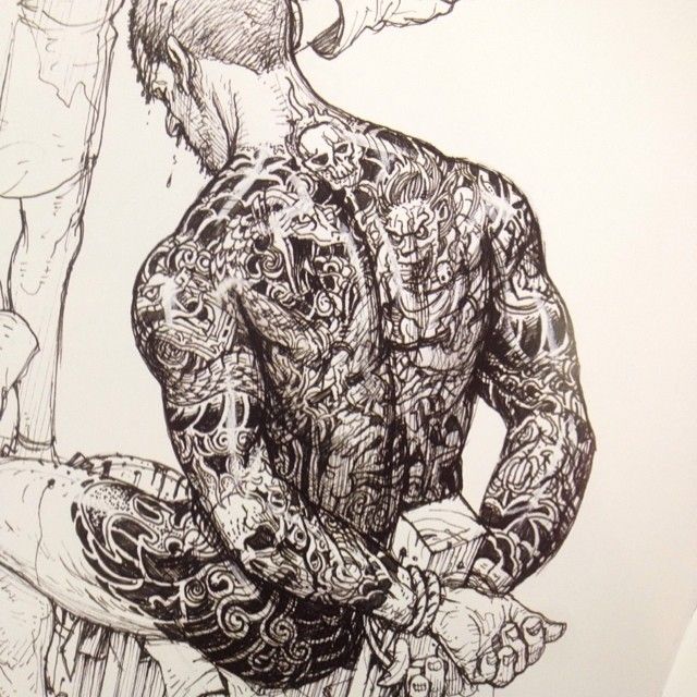 a drawing of a man with tattoos on his body