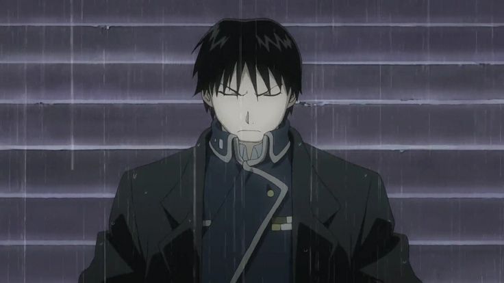 an anime character with black hair is looking at the camera and has his eyes closed