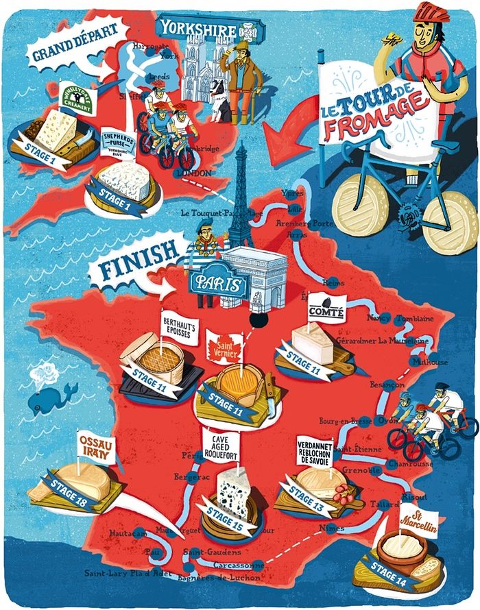 an illustrated map of france with all the main cities and major food items on it