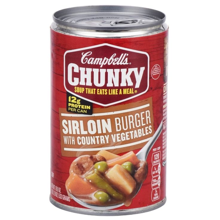 campbell chunky old - fashioned vegetable beef soup in a can on a white background