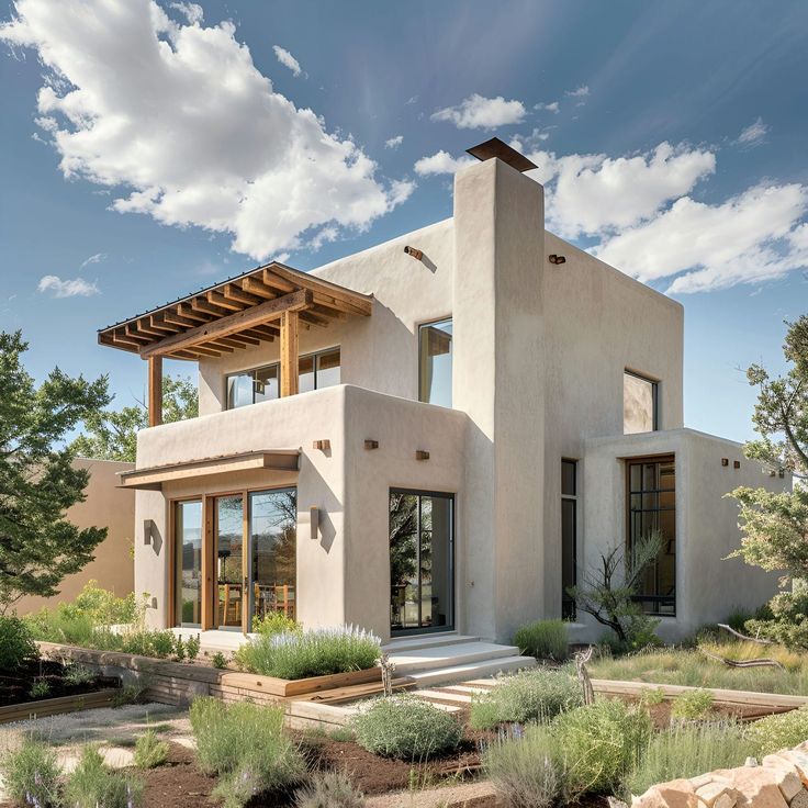 Experience the serene elegance of this modern Nordic Pueblo-style home, featuring smooth stucco walls, clean geometric lines, and natural wooden accents. Expansive windows and wooden pergolas create a light-filled space, seamlessly connecting indoor and outdoor living. The beautifully landscaped garden with native plants enhances the home's connection to nature, reflecting the beauty of Southwestern architecture. Discover the charm and tranquility of this unique Pueblo residence. Pueblo House Exterior, Pueblo House Interior, Modern Pueblo Style Homes, Pueblo Style Homes Interior, Santa Fe Style Homes Exterior, Small Beautiful Homes, Pueblo Style Homes, Southwestern Home Exterior, Desert House Exterior