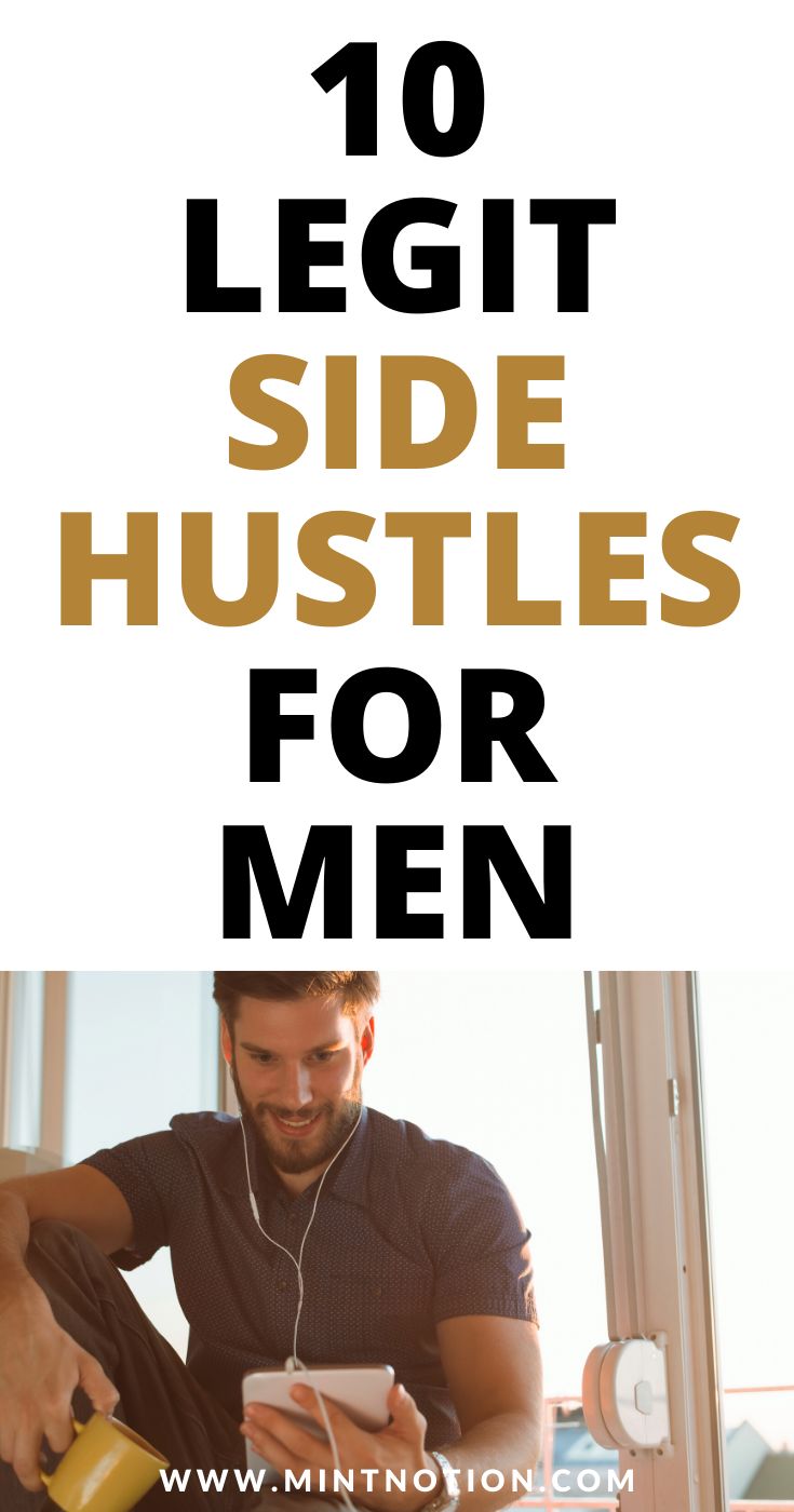 a man sitting at a table with headphones on and text that reads 10 legit side hustles for men