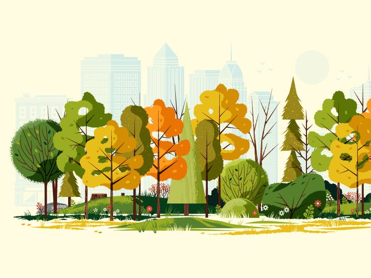 an illustration of trees in the park with city buildings in the backgrounnd