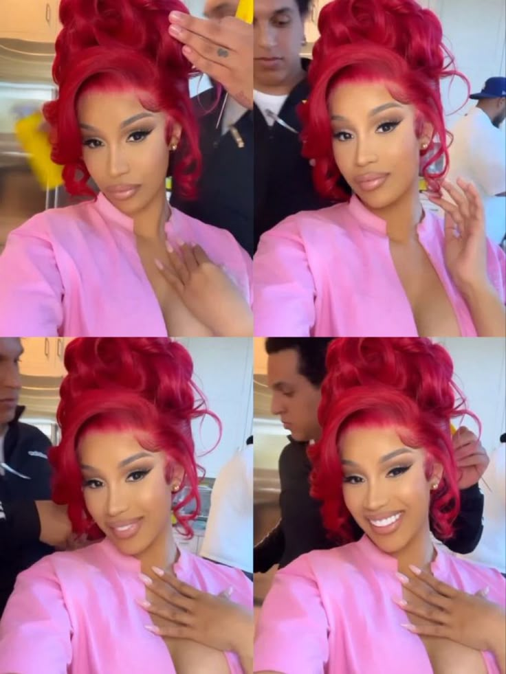 Cardi B Wig Hairstyles, Cardi B Updo Hairstyle, Red Updo Hairstyles For Black Women, Vday Hair Styles, Occasional Hairstyles, Valentine’s Day Hairstyles Black Women, Cardi B Hairstyles, Hair Installation, Bday Fits