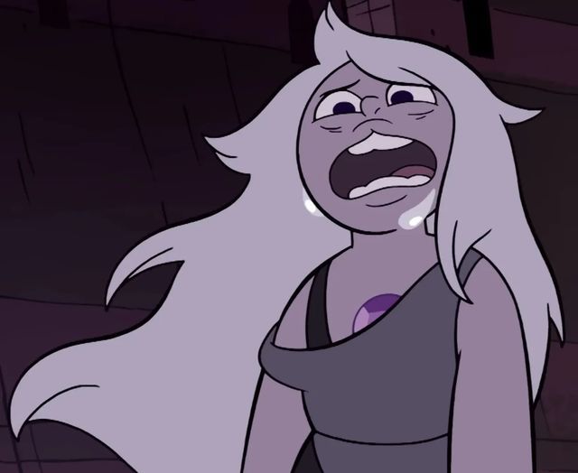 an animated image of a woman with white hair and purple dress, saying i never asked to be made