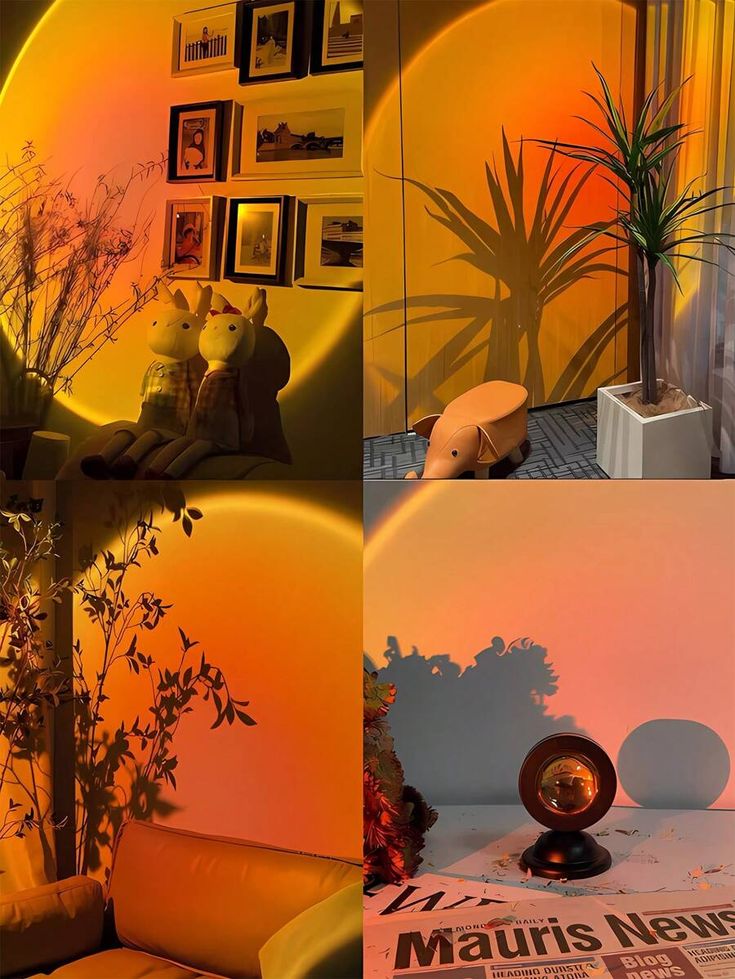 there are three different pictures of the same room in this house, one is orange and the other is yellow