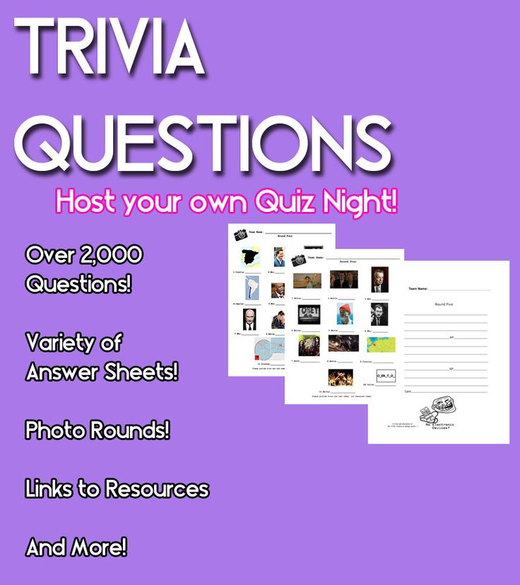 trivia questions for the quiz night with pictures and text on purple background, including question sheets