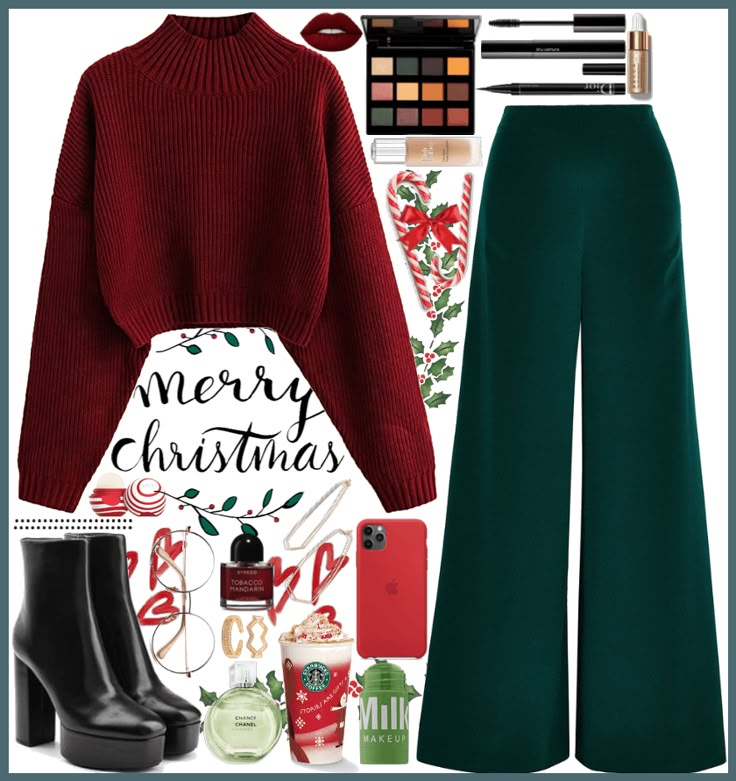 Christmas Boots Outfit, Red And Green Christmas Outfit Women, Green Pants Outfit Christmas, Christmas Colours Outfit, Red With Green Outfit, Green Christmas Outfit Aesthetic, Christmas Outfit Green Pants, Christmas Outfit With Red Pants, Christmas Fashion Outfits 2023