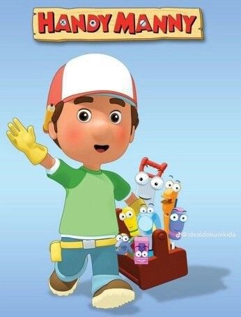 the cartoon character handy manny is holding his hands up in front of an assortment of toys