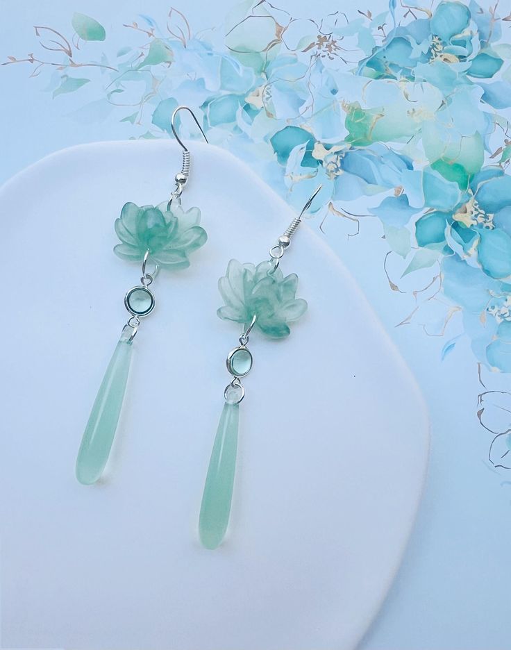 Imitation Green Jade Lotus Flower with Long Crystal Drops Oriental Dangling Earrings, Handmade Earrings, Aesthetic Earrings, Gift For Her Water Lily Earrings, Funky Earrings, Crystal Drop, Green Earrings, Jade Green, Lotus Flower, Green Aesthetic, Handmade Earrings, Lotus