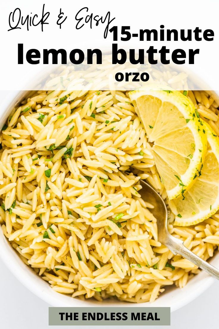 a bowl filled with lemon butter orzo