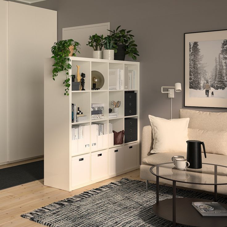 a living room filled with furniture and a plant on top of a book shelf next to a coffee table