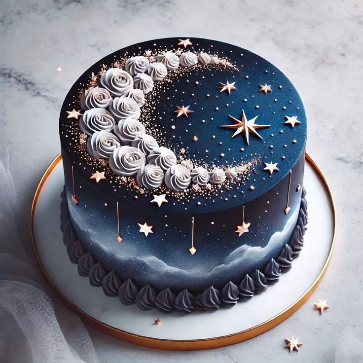 a blue cake with white frosting and stars on top, sitting on a plate