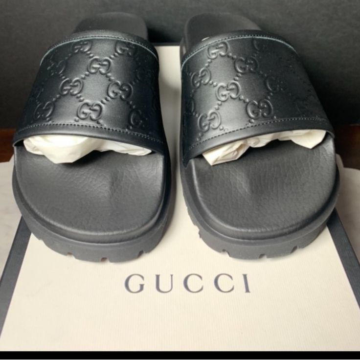 Brand New In Box Never Worn Gucci Leather Slides. Please Ask Any Question Before Purchase. Gucci Style Number 431070 Cwd20 Don’t Miss Out On These Beauties! Black Gucci Slides, Gucci Princetown Slipper, Gucci Flip Flops, Gucci Slippers, Mens Slide Sandals, Gucci Slides, Gucci Style, Shoes Gucci, Dope Outfits For Guys