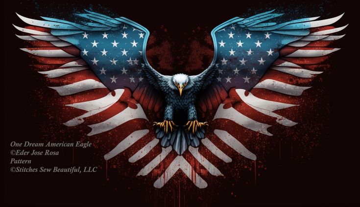 an eagle with the american flag painted on it's wings is shown in this image