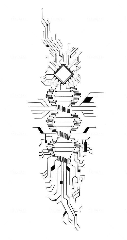 an abstract drawing with lines and dots in the shape of a circuit board, on white paper