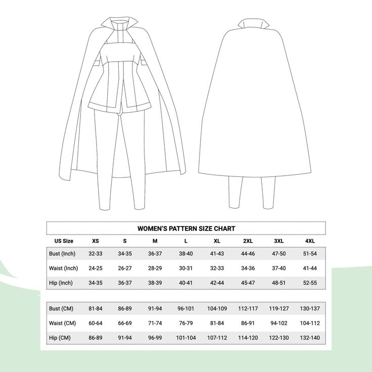 the size chart for women's satinen - sewn cape top and pants