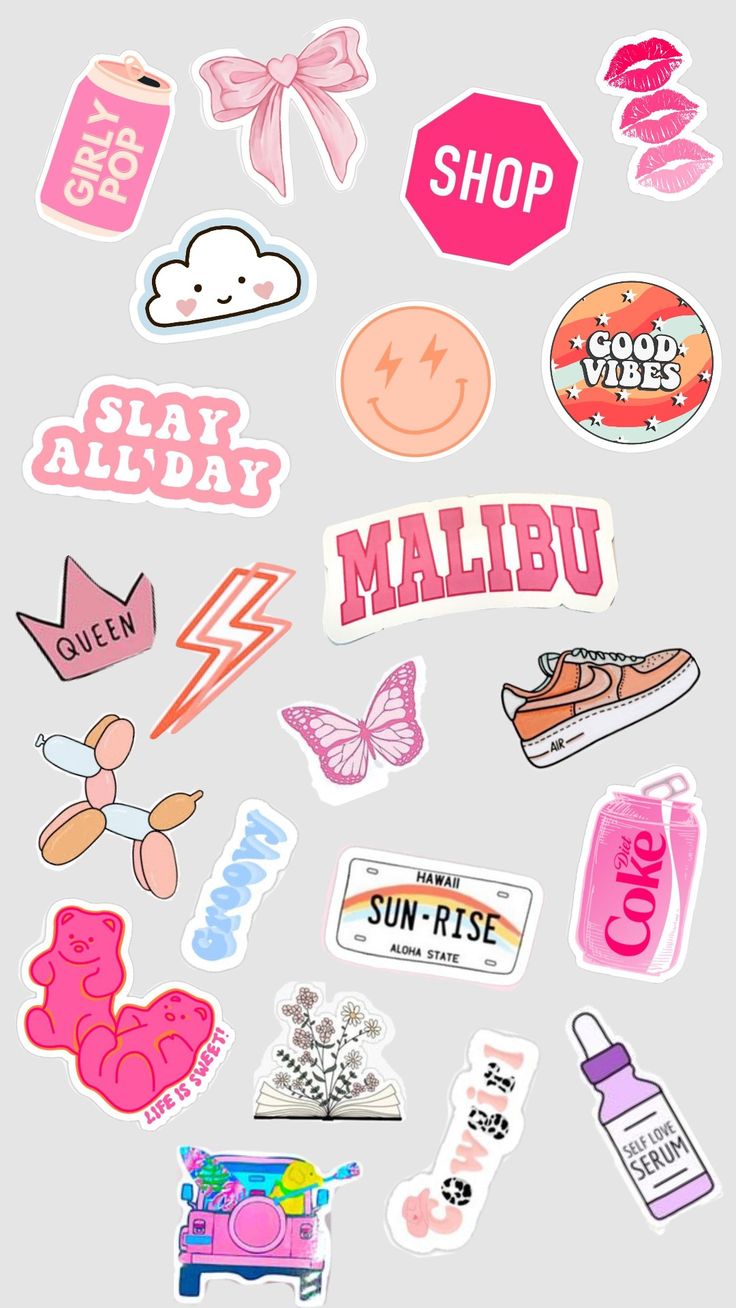 various stickers and decals on a white background