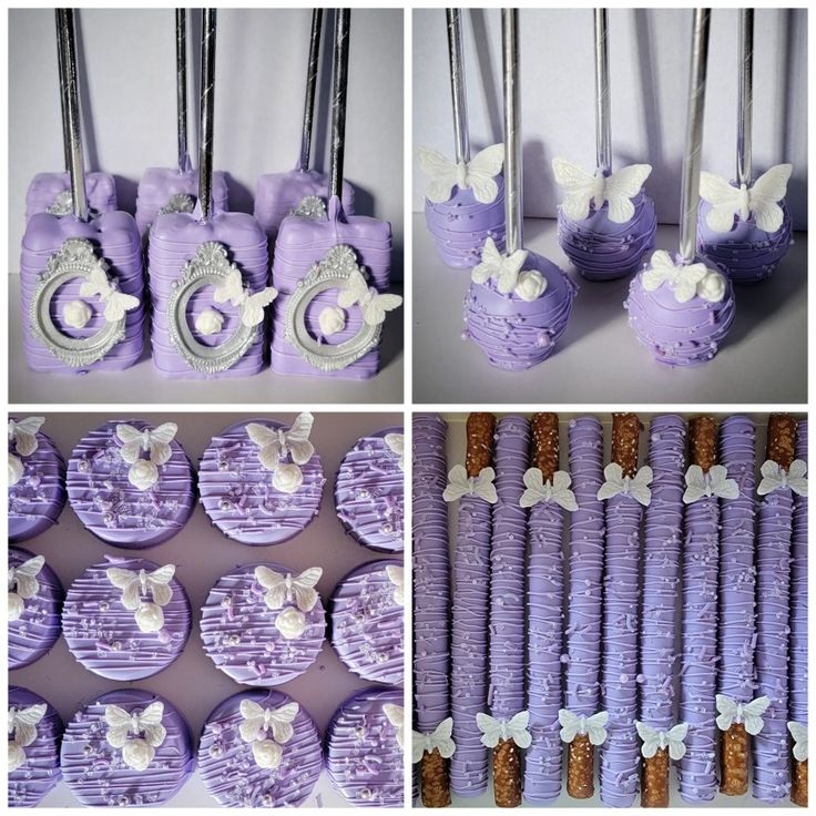 purple cupcakes with white flowers and butterflies on them are arranged in different ways