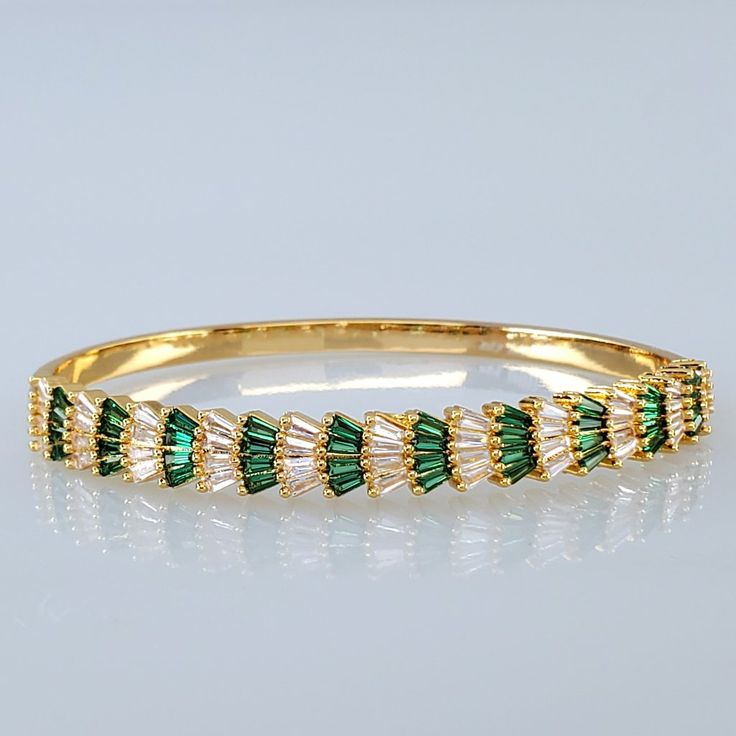 Brand New Women's Emerald & Gold Bangle Bracelet 14k Yellow Gold Plated Sterling Silver Genuine 1ct Brilliant Cut Lab Created Diamonds 2ct Natural Green Emerald Gemstones 7" - The Most Common Women's Size Retail Price $400 Buy With Confidence From A Top Rated Seller With A 99%+ Feedback Rating! A0500 (Id-1671) Green Bangle Tennis Bracelet For Anniversary, Elegant Crystal Bracelet For May Birthstone, Gold Bracelets With Baguette Cut Gemstone, Emerald Green And Gold, Emerald Bracelet, Gold Bangle Bracelet, Gold Bangle, Emerald Gemstone, Green Emerald