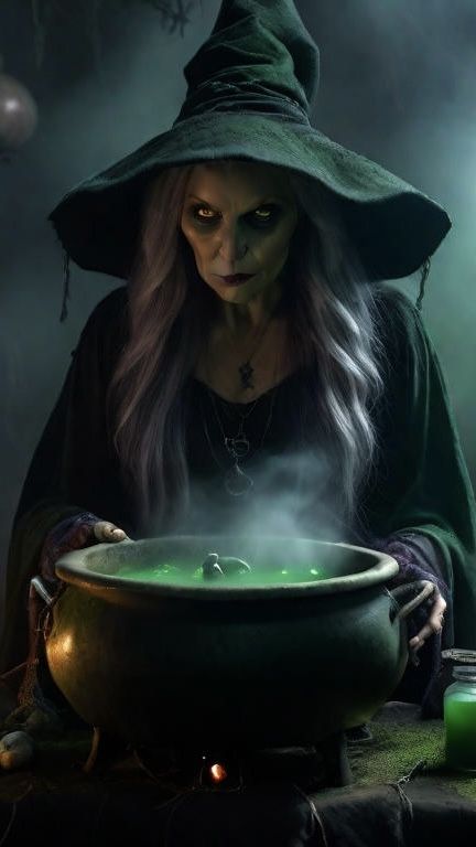 a woman dressed as a witch holding a caulder in front of a pot