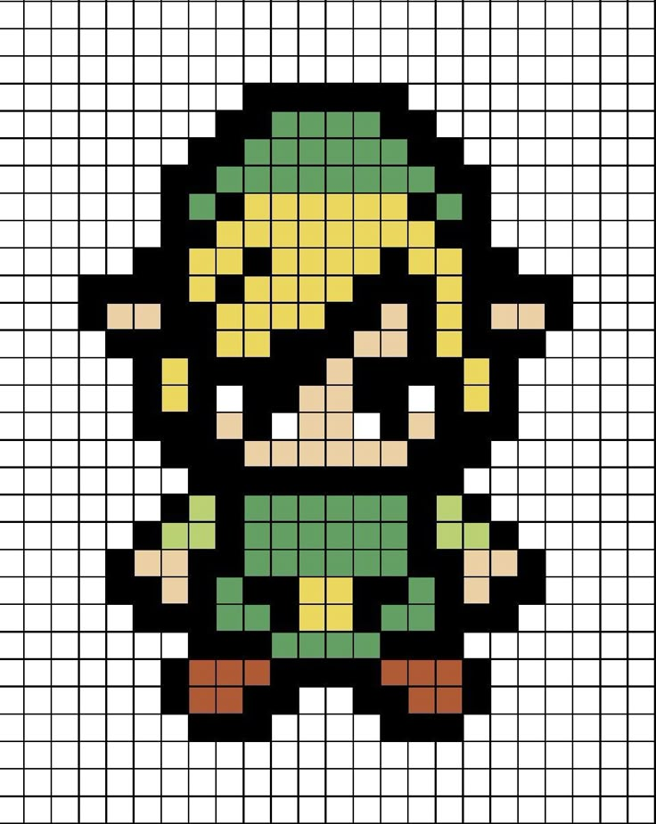 A pixel art template of Link from the Zelda game series. Pixel Link Zelda, Link And Zelda Pixel Art, Korok Zelda Perler, Pixel Zelda Art, The Legend Of Zelda Perler Beads, Pixel Art Pattern Video Games, 8 Bit Pixel Art Grid, Breath Of The Wild Pixel Art, Zelda Beads Pattern