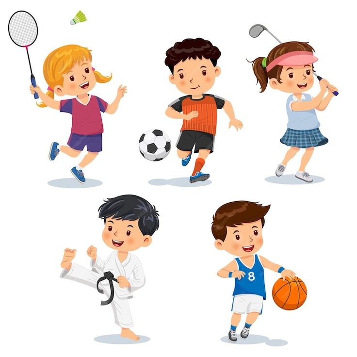 kids playing different sports activities on a white background