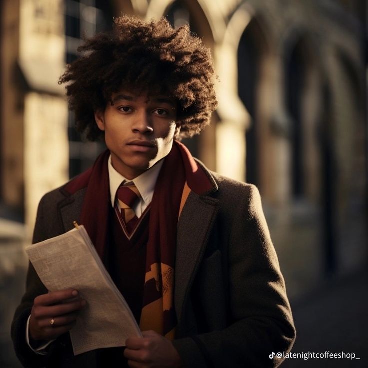 a young man with curly hair is holding a piece of paper