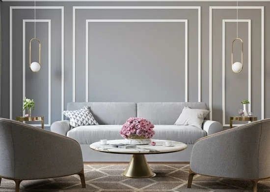 a living room with two chairs and a table in front of a gray wall that has white lines on it