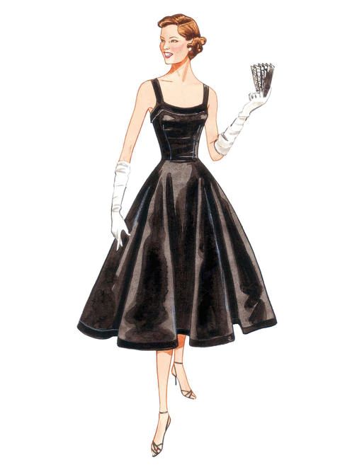 a drawing of a woman in a black dress and white gloves, holding a fan