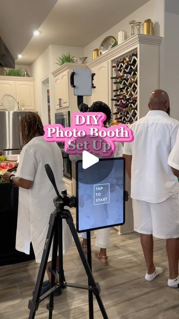 people standing in a kitchen preparing food on a tripod with the words diy photo booth get up