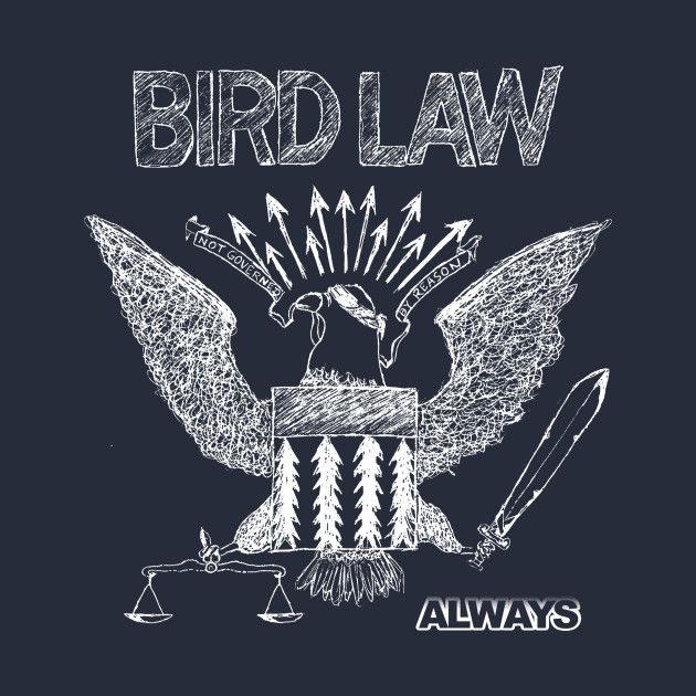 the bird law logo is drawn on a black shirt with white ink and an eagle