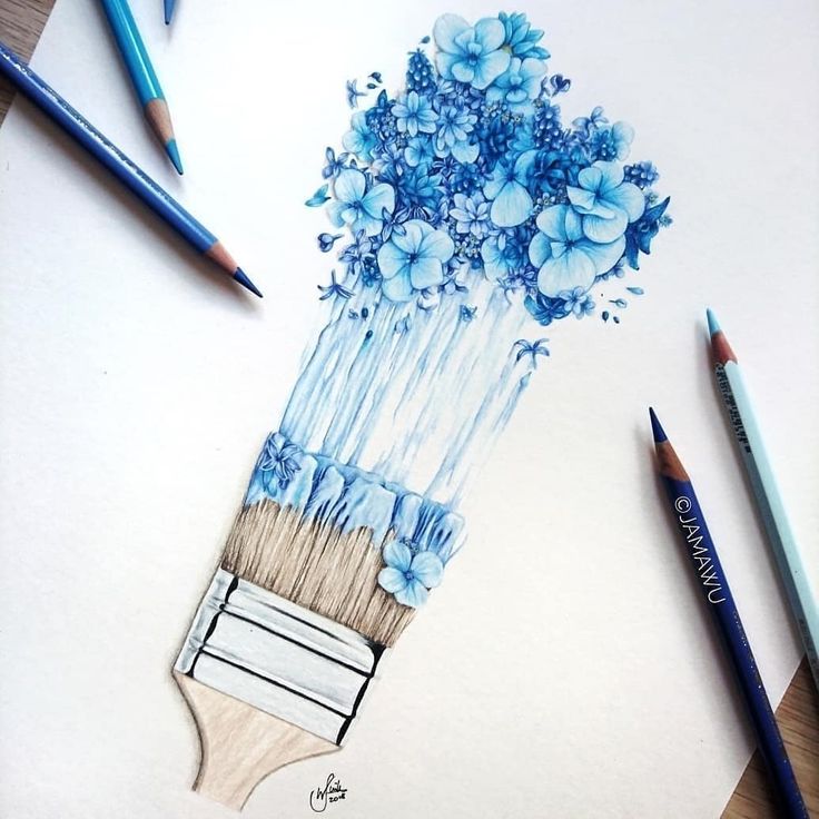 a drawing of a brush with blue flowers on it and watercolor pencils next to it