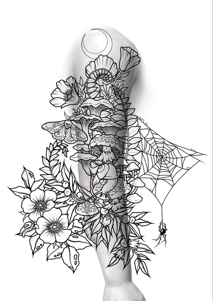 a woman's arm with flowers and spider webs on it, in black and white