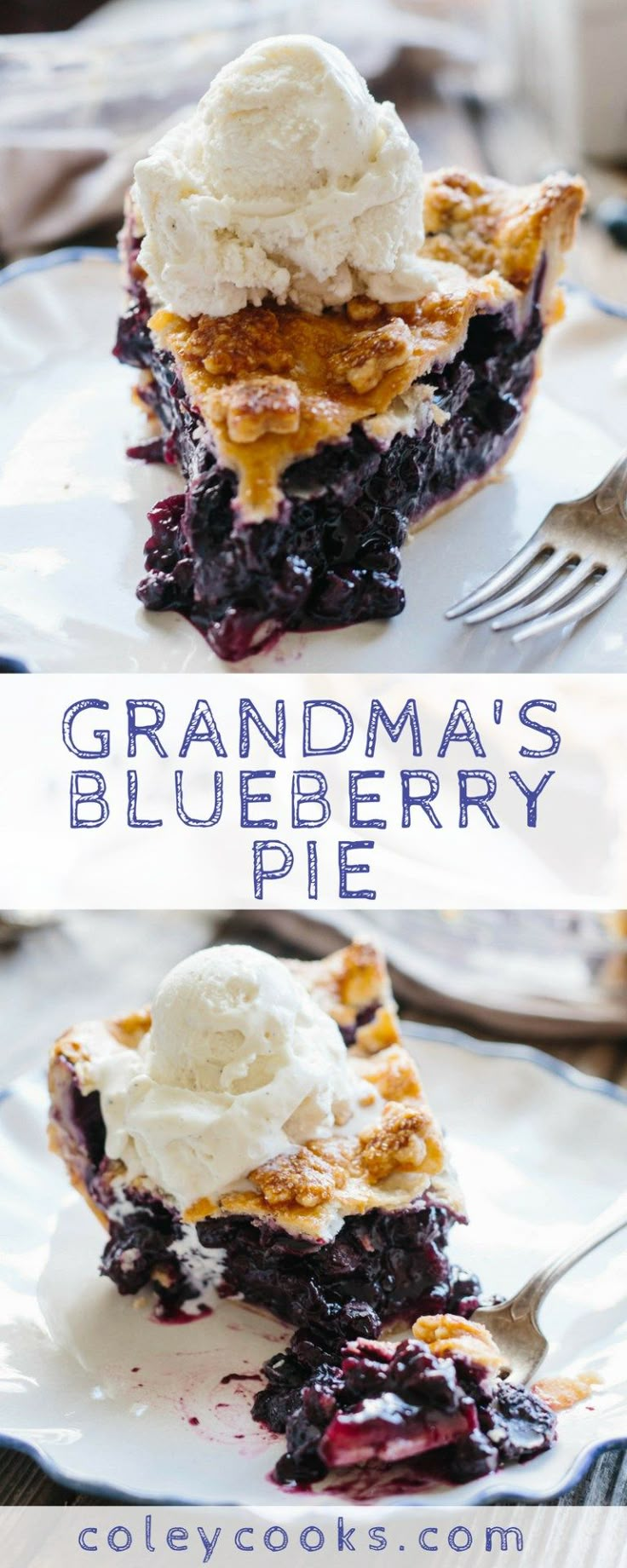 two pictures of blueberry pie with ice cream on top