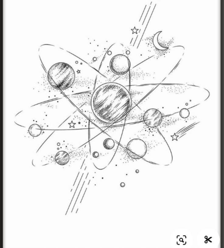 the solar system with planets and stars in black and white ink on a sheet of paper