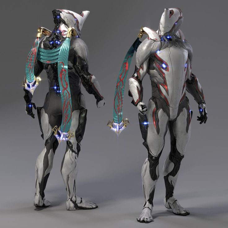 two futuristic humanoids standing next to each other in front of a gray background with blue and red lights