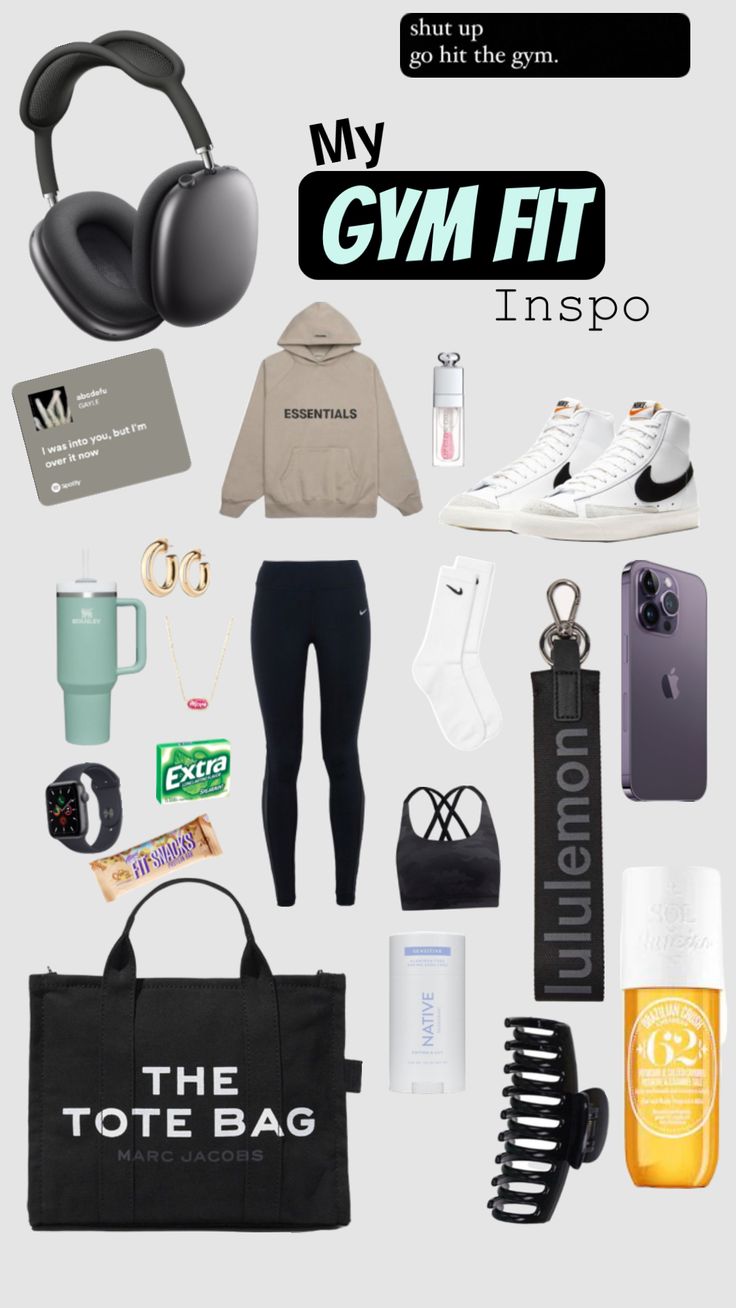 the contents of a gym bag are arranged on a white background, including headphones and other items