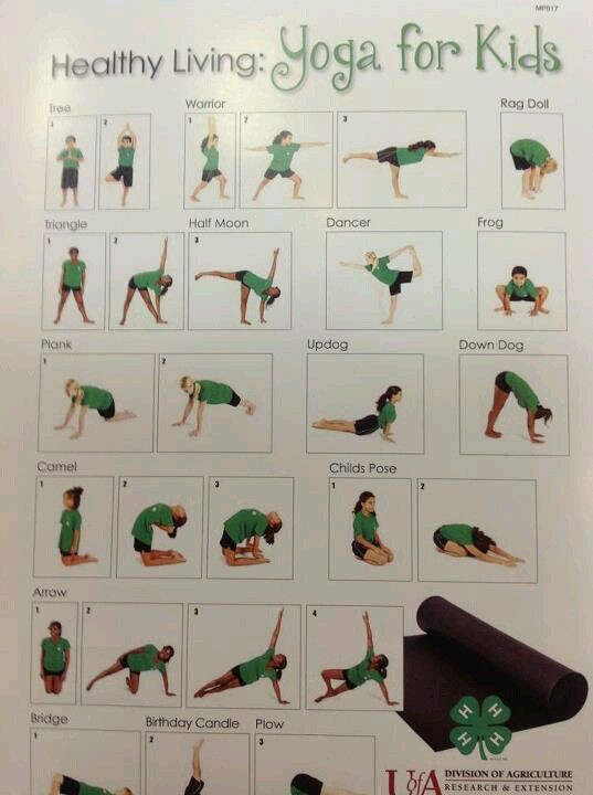 a poster with instructions on how to do yoga for kids in green shirts and black pants