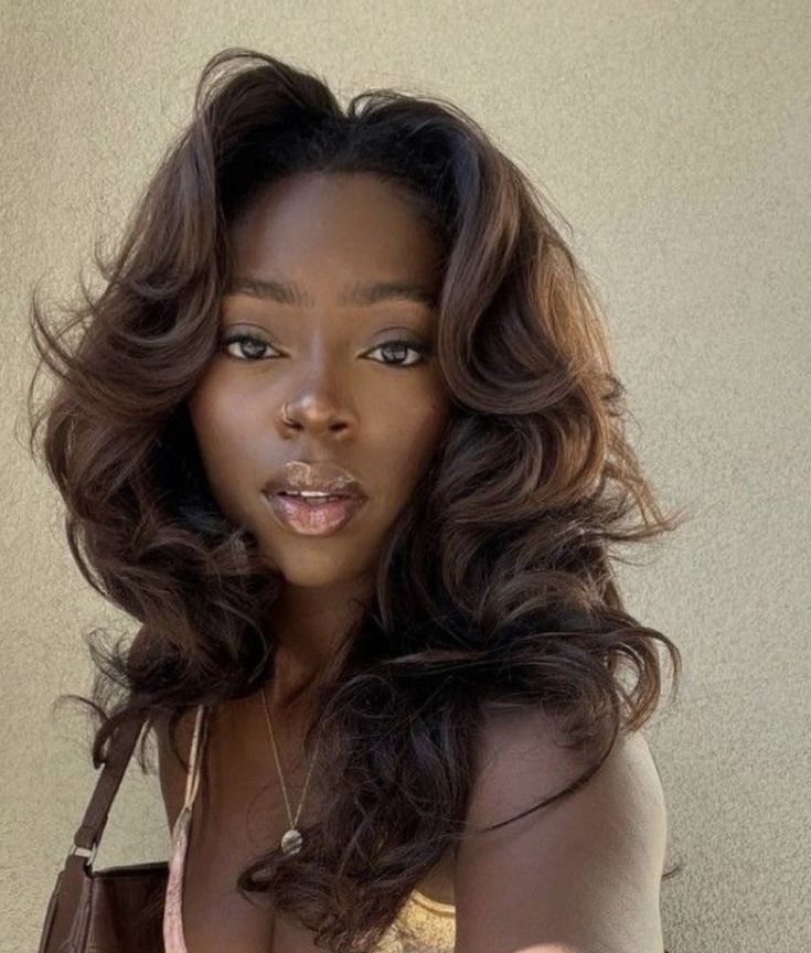 Relaxed Hair Blowout, Brazilian Blowout Black Women, African American Blowout Hair Natural, Silk Press Blowout, Cool Brown Hair Color Dark, Black Blowout Hair, Medium Blowout Hairstyles, Brown Layered Hair Medium, Prom Blowout Hairstyles