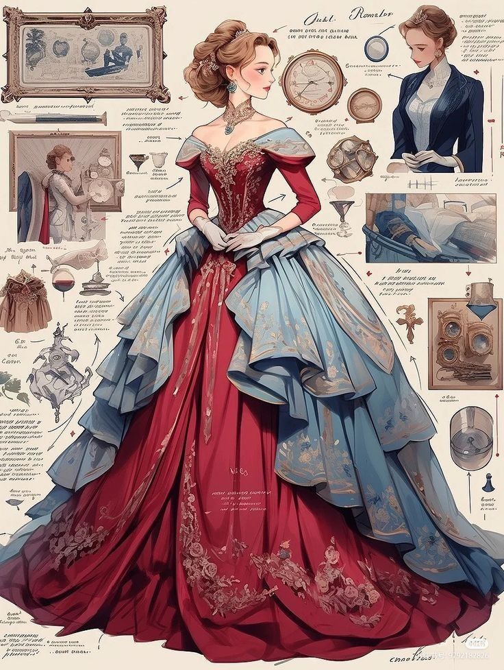 an image of a woman in a dress with many different things around her and on the wall