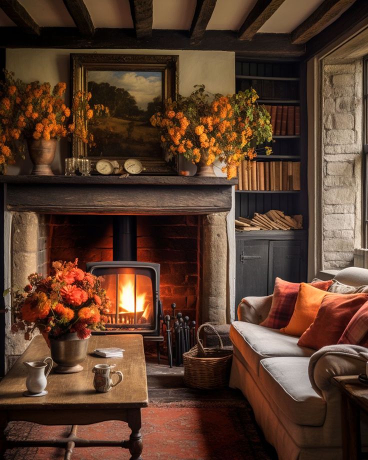 A Rustic Living room with Wood Burner Cosy English Cottage Interior, English Cottage Mantle, British Snug Room, Living Room Cosy Decor, English Farmhouse Fireplace, Houses In Autumn, Cozy Old Fashioned Living Room, Living Room Hearth, Cottage Cabin Living Room