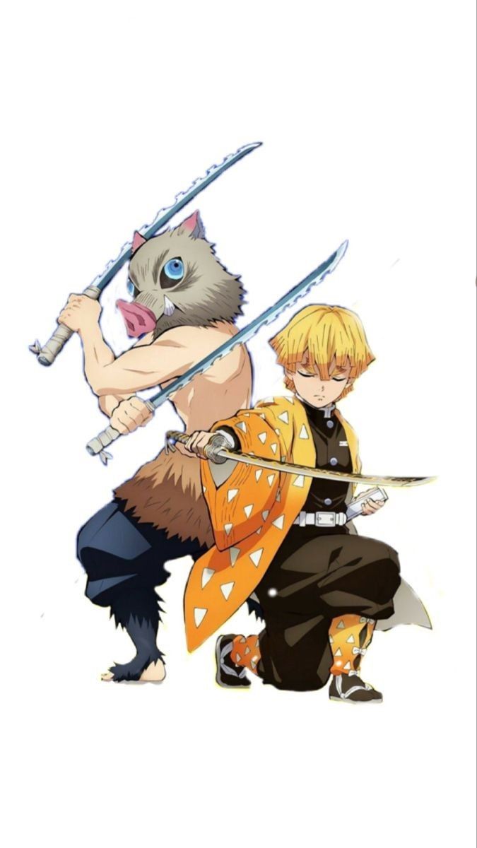 two anime characters with swords in their hands and one holding an animal's head