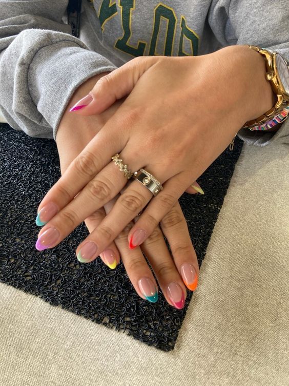 Colourful Tips Acrylic Nails, French Tip Acrylic Nails Summer Colors, French Tips Acrylic Colorful, Colorful Engagement Nails, Summer Colourful Nails, Multicolour French Tips, Multi Colored French Tips, Colorful French Tips Nails, Multicolour French Tip Nails