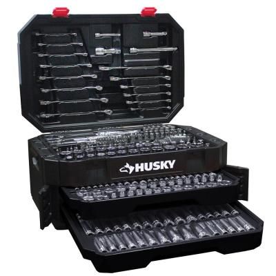 the husky tool box is full of tools and it's trays are stacked on top of each other