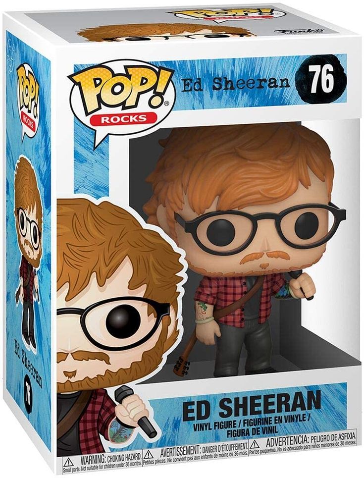 a pop vinyl figure in a box with an image of ed sheeran on it