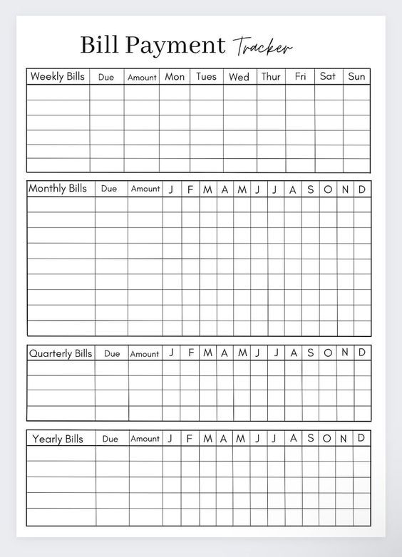 a printable bill payment tracker is shown in black and white, with the words'bill