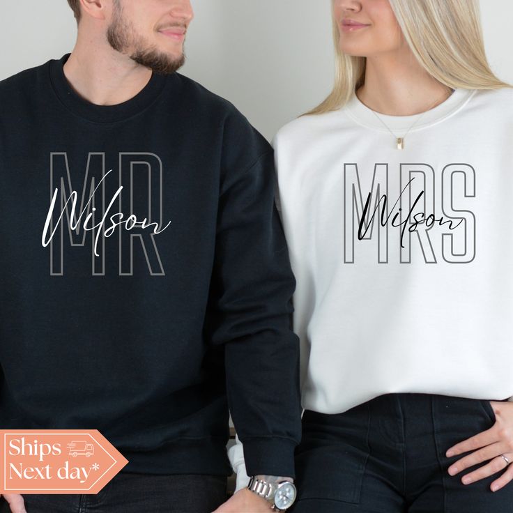 All of our Custom Mrs & Mr hoodies are handmade to order on an ultra soft crewneck that will quickly become your go to apparel item! You will never want to take it off! Our Matching Couple sweatshirts are handmade to order with eco-friendly water based ink that feels good and lasts longer! ♥The details♥ This unisex sweatshirt is crafted from soft, breathable fabric for ultimate comfort. Printed with an eco-friendly water-based ink, this sweater not only looks great but also supports sustainable practices. The unisex sizing allows for a versatile fit, but we suggest sizing up for a more relaxed look. To keep your crewneck looking its best, we recommend washing it on cold and either hanging it to dry or tumble drying it on low heat. Be sure to avoid ironing directly on the design to preserve Black Long Sleeve Sweatshirt With Custom Text, Custom Text Long Sleeve Sweatshirt For Winter, Customizable Crew Neck Hoodie For Fall, Black Crew Neck Sweatshirt For Gift, Customizable Fleece Crew Neck Sweatshirt, Customizable Fleece Crew Neck Top, Winter Crew Neck Sweatshirt With Custom Text, Relaxed Fit Crew Neck Hoodie As Gift, Custom Text Cotton Hoodie With Crew Neck